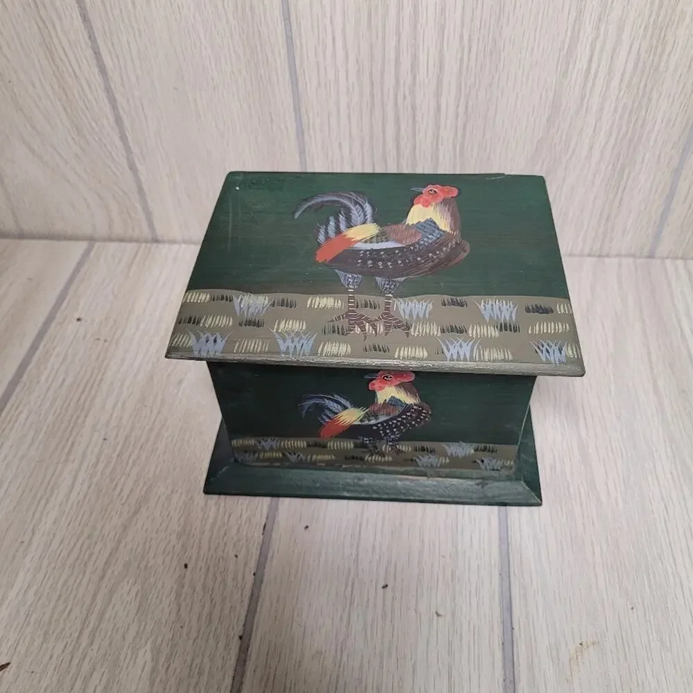 Vintage Han Painted Rooster Wood Recipe Box Bird Farmhouse Country Prairie